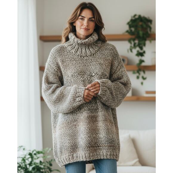 Lands' End Women's Hand Knit Long Marled Chunky Cable Knit Sweater Size XL/18 - Picture 1 of 5